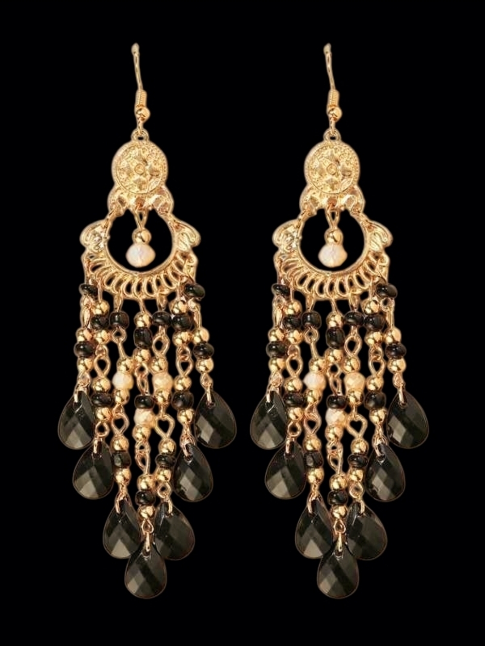 Exotic Gold-Tone Black Beaded Chandelier Earrings